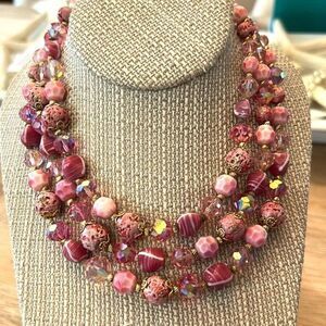 Vintage vendome triple strand crystal beaded necklace gold pink